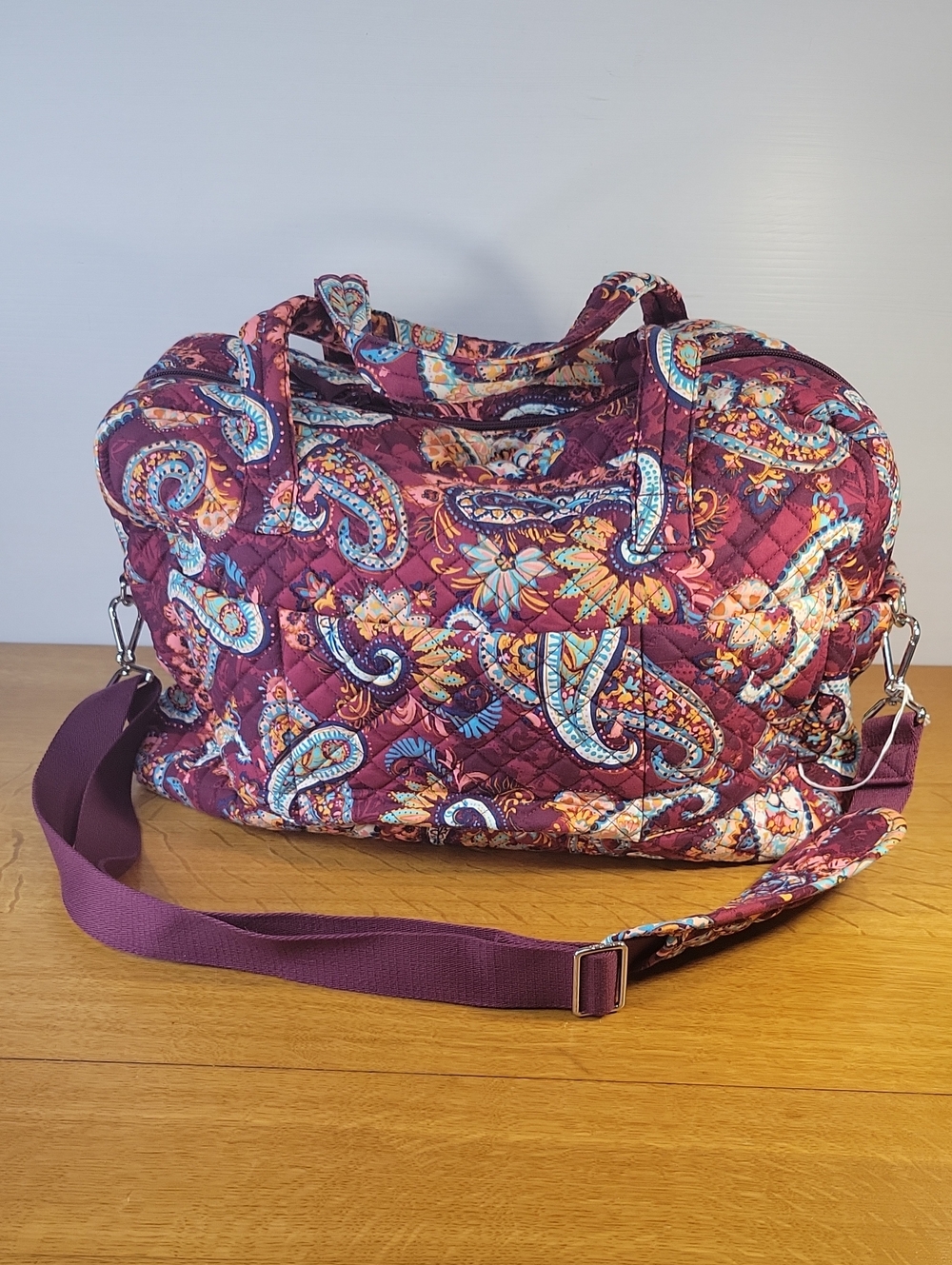 Vera Bradley Quilted Paisley Travel Duffel in Deep Plum with Teal Accents